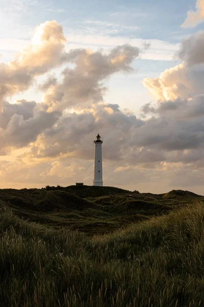 Ampio angolo colpo di una grande torre bianca sotto un cielo nuvoloso circondato da erba — Foto Stock