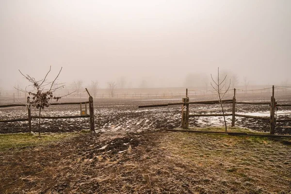 Prázdné Pole Dřevěnými Ploty Mlhavým Pozadím — Stock fotografie