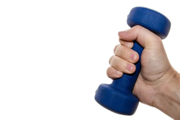Isolated Picture Person Holding Blue Dumbbell — Stock Photo, Image