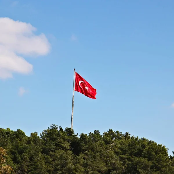 Foto en ángulo bajo de la bandera turca bajo el cielo claro — Foto de Stock