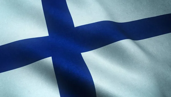 Encerramento tiro de bandeira acenando realista da Finlândia com texturas interessantes — Fotografia de Stock