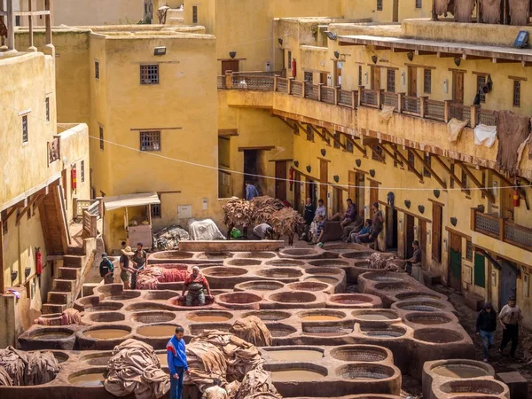 Οι εργαζόμενοι βάφουν δέρμα στο βυρσοδεψείο στο Φεζ, Φες ελ Μπαλί — Φωτογραφία Αρχείου