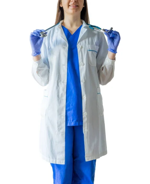 Cheerful Young Female Doctor Medical Uniform Wearing Sterilized Gloves Holding — Stock Photo, Image