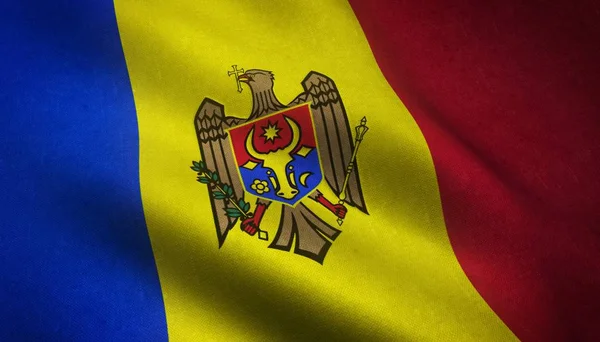 Close-up van de zwaaiende vlag van Moldavië met interessante texturen — Stockfoto