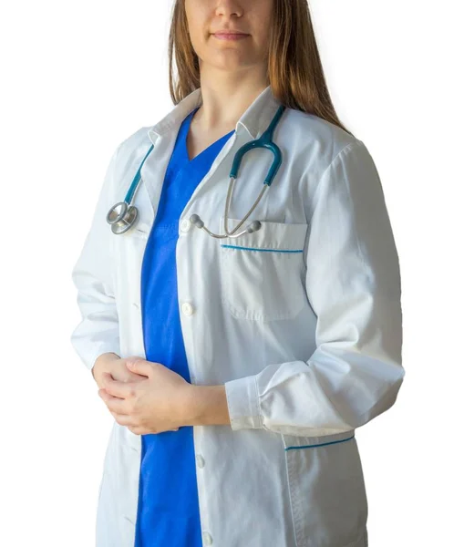 Una Exitosa Doctora Joven Uniforme Médico Con Las Manos Puestas — Foto de Stock