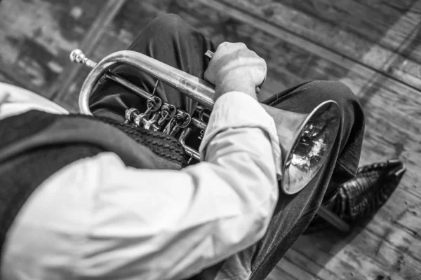 Grayscale shot of a man holding a trumpet on his lap with a blurred background — Stock Photo, Image