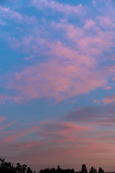 Vertikale Aufnahme von rosa Wolken in einem klaren blauen Himmel mit der Landschaft des Sonnenaufgangs — Stockfoto