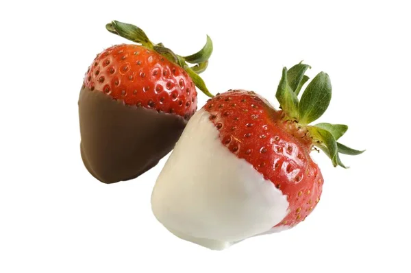 Two Strawberries Covered Black White Chocolate Lights White Background — Stock Photo, Image