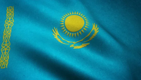 Close-up van de wapperende vlag van Kazachstan met interessante texturen — Stockfoto