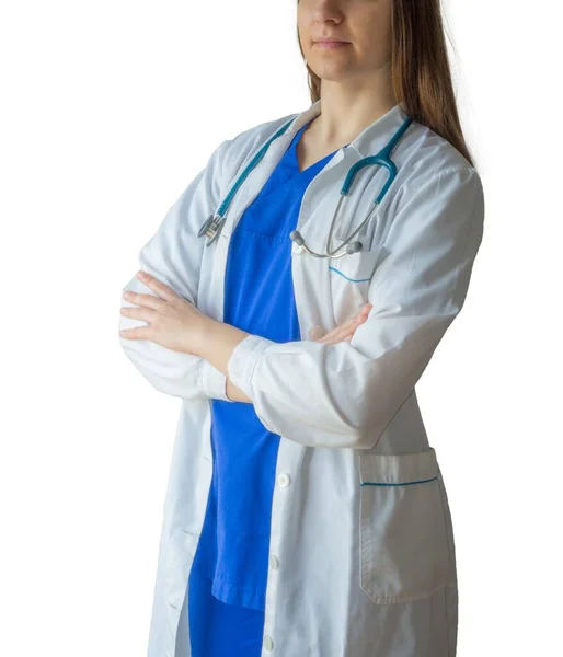 Young Successful Female Doctor Medical Uniform Standing Confidently Crossed Hands — Stock Photo, Image