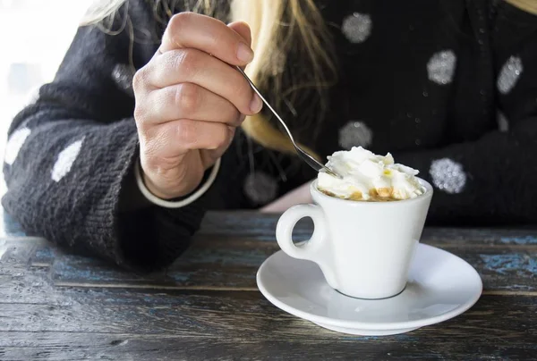 Woman Stirring Whipped Cream Coffee — Stok Foto