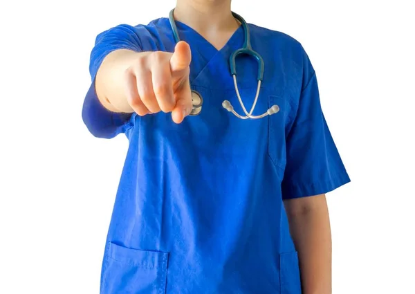 Young female doctor in a blue medical uniform showing a pointing hand gesture - Stock-foto