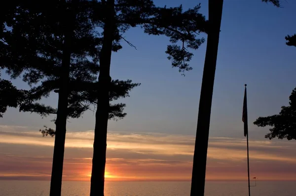 Τοπίο από σιλουέτες δέντρων με φόντο τη θάλασσα κατά τη διάρκεια ενός όμορφου ηλιοβασιλέματος — Φωτογραφία Αρχείου