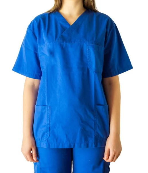 Sikeres fiatal nő, kék orvosi egyenruhában, fehér alapon elszigetelve — Stock Fotó