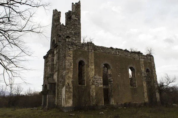 Foto panorámica de una antigua ruinas con ramas desnudas bajo un cielo nublado en Hungría. —  Fotos de Stock