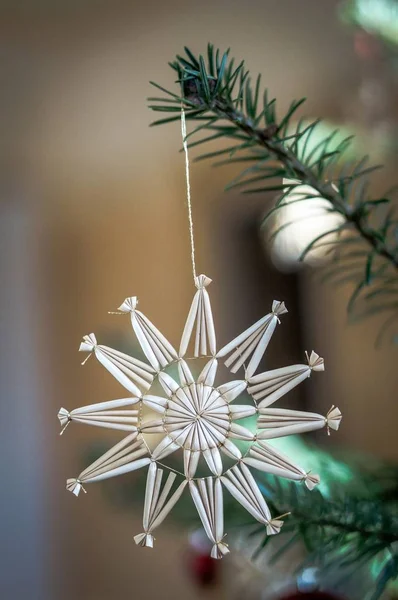 Tiro vertical de um ornamento de Natal pendurado na árvore — Fotografia de Stock