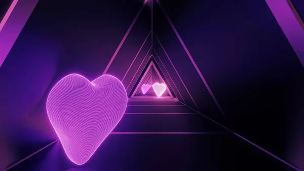 Sci-fi futuristic illuminated hallway with beautiful abstract purple light effects and hearts — 스톡 사진