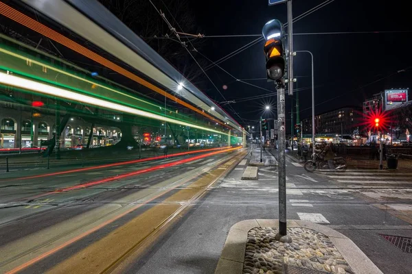 Low angle shot of electric tram road sign in navigli district of milan italy — Stock Photo, Image