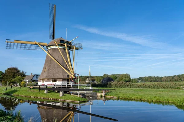 Weitwinkelaufnahme von der Rückseite einer Windmühle, umgeben von Bäumen und Gras unter einem klaren blauen Himmel — Stockfoto