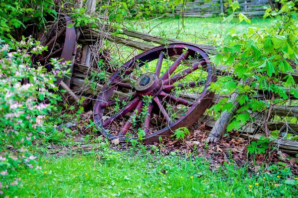 Roue de chariot brisée penchée contre une clôture de bois sur un champ herbeux — Photo