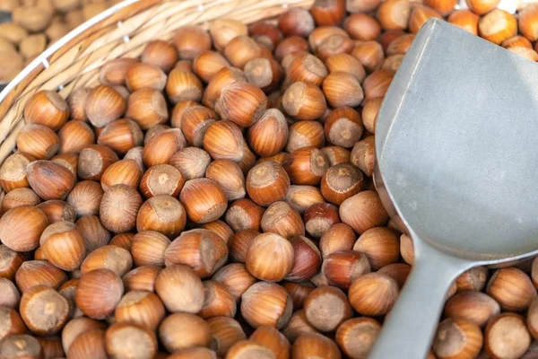 Closeup Shot Many Hazelnuts Bowl Metal Spoon Top Them — Stock Photo, Image