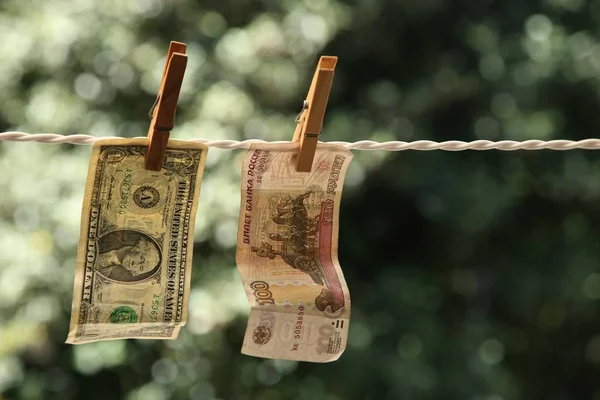 Foto de enfoque selectivo de algunos billetes de banco colgados de un cable con espinas doradas. — Foto de Stock