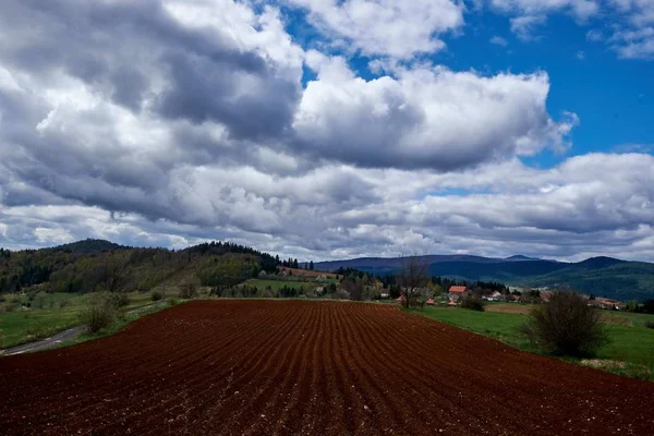 Arkaplanda bulutlu bir gökyüzünün altında ormanlarla kaplı yeşil tepelerle çevrili bir arazi. — Stok fotoğraf