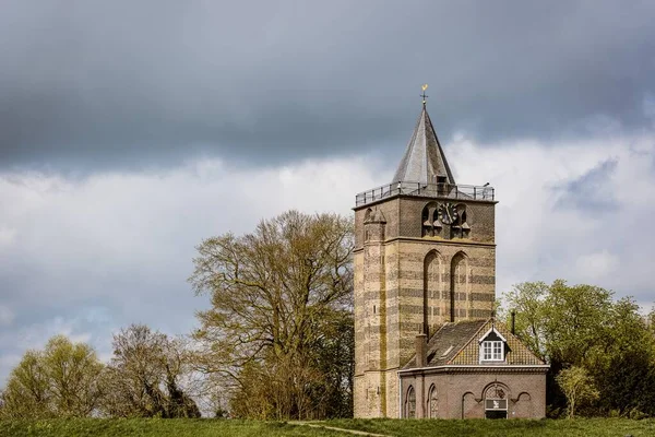 Vidvinkel skott av en byggnad under en molnig himmel omgiven av träd — Stockfoto