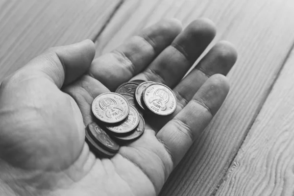 Scala di grigi alto angolo colpo di una persona che tiene alcune monete sulla superficie di legno — Foto Stock
