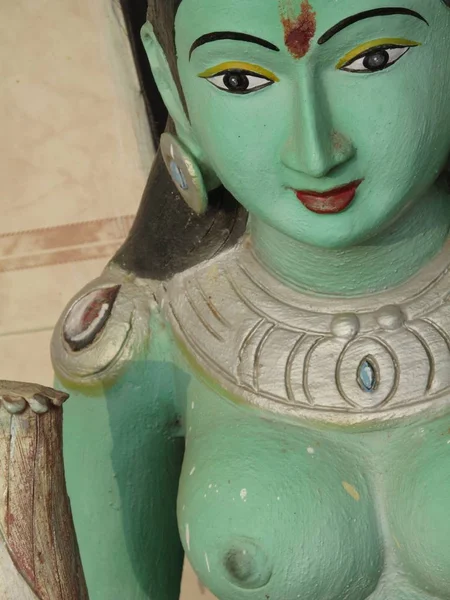 Tiro vertical de uma estátua hindu com um fundo embaçado — Fotografia de Stock