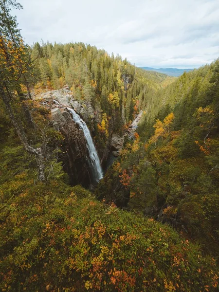 在挪威，瀑布的垂直拍摄被许多秋天色彩的树环绕着 — 图库照片