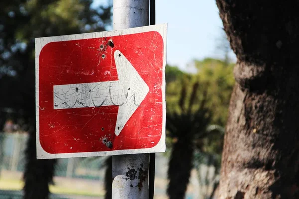 Close-up van een rood bord dat naar rechts wijst voor de bomen — Stockfoto