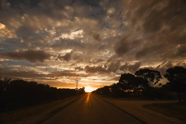 Estrada cercada por vegetação sob um céu nublado durante o pôr-do-sol dourado — Fotografia de Stock