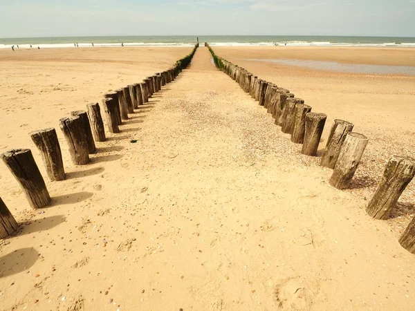 Пейзажний знімок піщаного пляжу з дерев'яними перервами в сонячно чистому небі — стокове фото