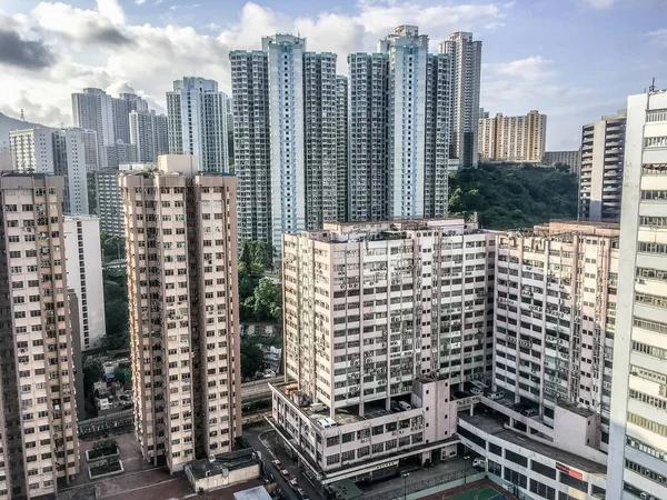 Gran Angular Disparado Varios Edificios Hong Kong Construidos Uno Lado — Foto de Stock