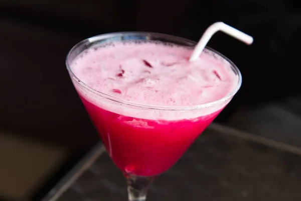 High Angle Closeup Shot Glass Filled Pink Drink White Straw — Stock Photo, Image