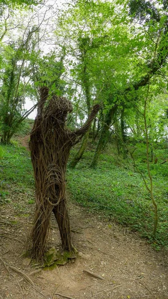 Tiro vertical de uma escultura feita de bastões de madeira na floresta de Gales — Fotografia de Stock