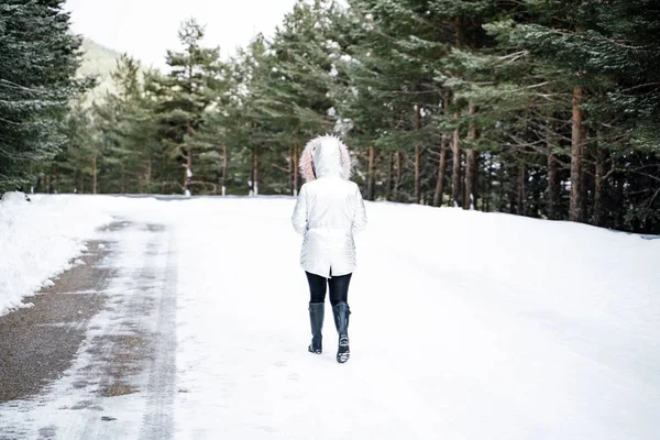 나무로 둘러싸인 눈덮인 도로를 따라 걷고 있는 여성의 넓은 사진 — 스톡 사진