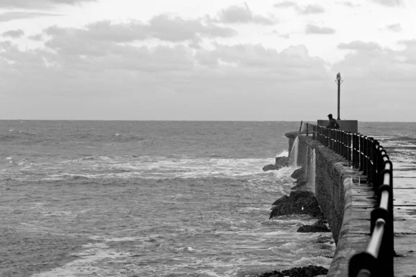 Grey scale shot of a fisherman standing on the dock over the beautiful sea — Stock Photo, Image