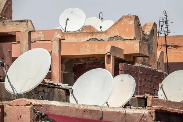 Closeup Shot White Satellite Dishes Put Roofs Buildings Royalty Free Stock Photos