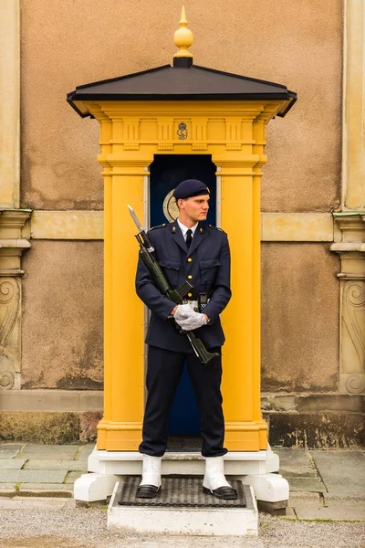 En vakt står stationär på sin post på Kungliga slottet, Stockholm. — Stockfoto