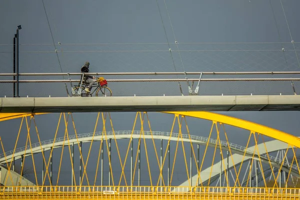 Foto de cierre de la parte superior de un puente donde un hombre está montando una bicicleta. — Foto de Stock