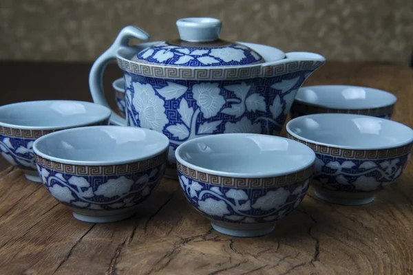 Closeup Shot Russian Ceramic Tea Set Service Traditional Patterns — 스톡 사진