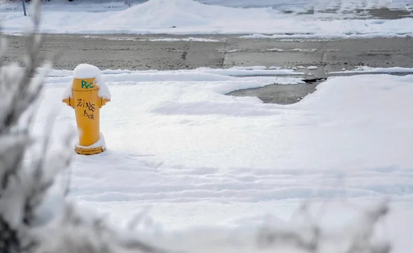 Une Borne Fontaine Jaune Sur Route Recouverte Neige — Photo