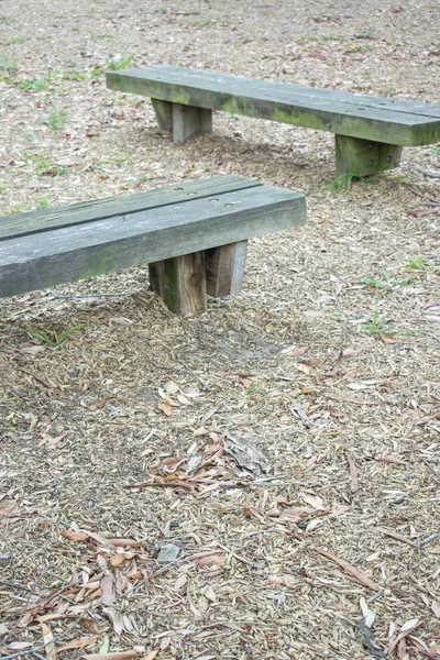 Pionowe ujęcie dwóch drewnianych ławek w parku w ciągu dnia — Zdjęcie stockowe