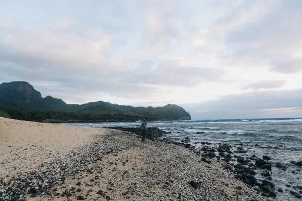 Wide Shot Woman Beach Cloudy Sky — Stock Photo, Image