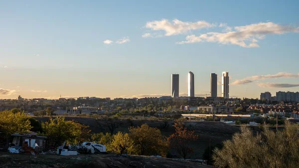Een Panoramisch Beeld Van Een Skyline Van Stad Met Struiken — Stockfoto