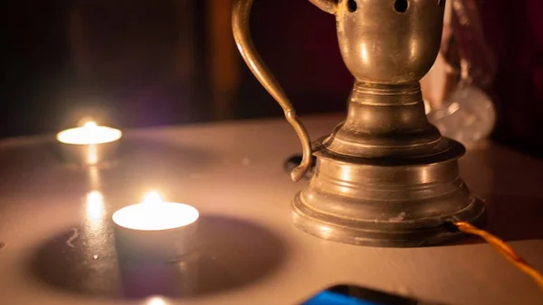 Closeup Shot Candles Tin Can Lamp — Stok fotoğraf