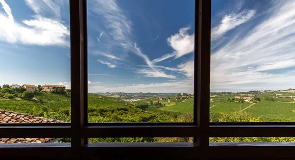 Beautiful View Green Hills Trees Buildings Blue Cloudy Sky — Stock Photo, Image