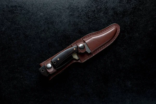 Верхний выстрел из двух неподвижных ножей с коричневой ручкой в коричневом футляре на черном фоне — стоковое фото